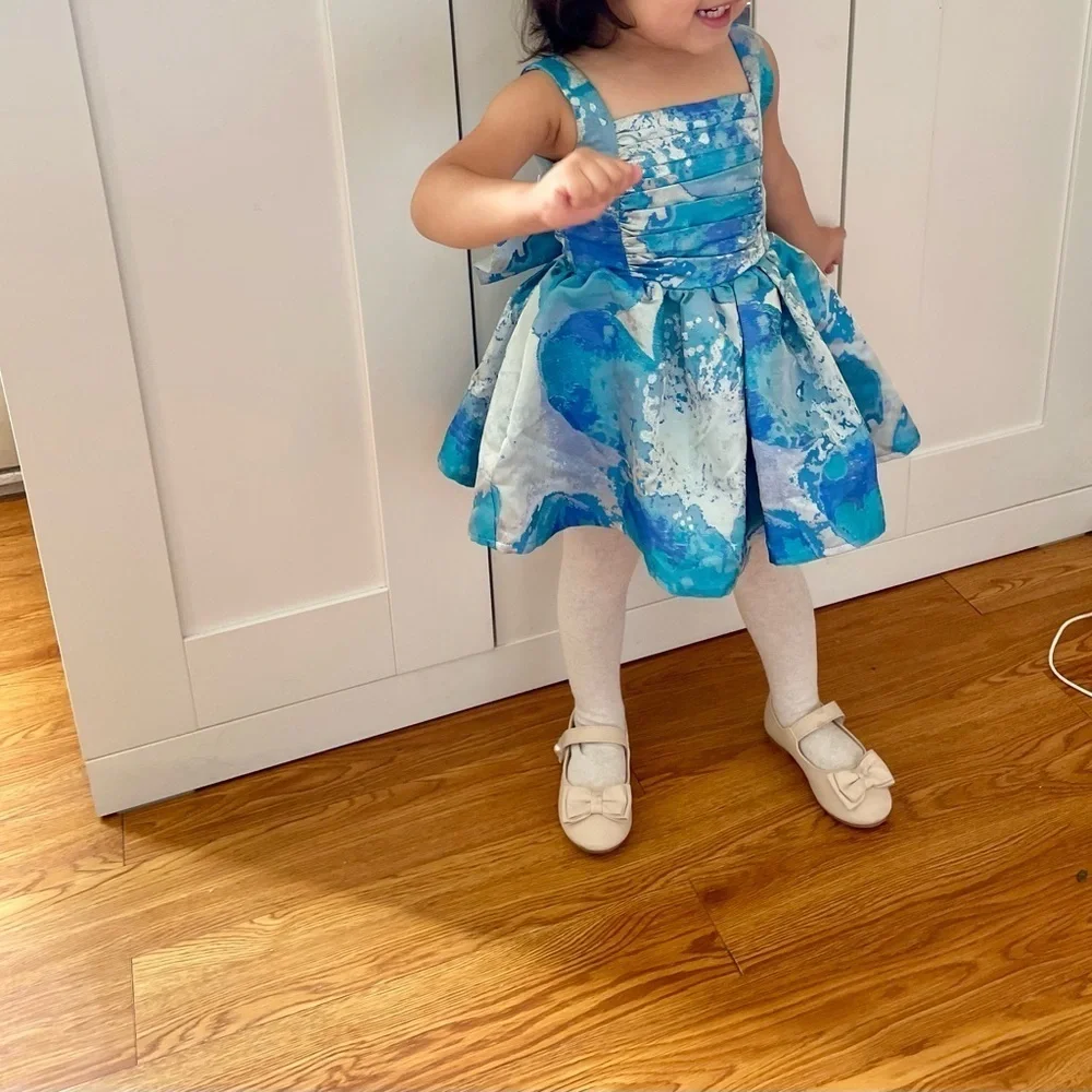 Halabaloo blue watercolor print dress back bow